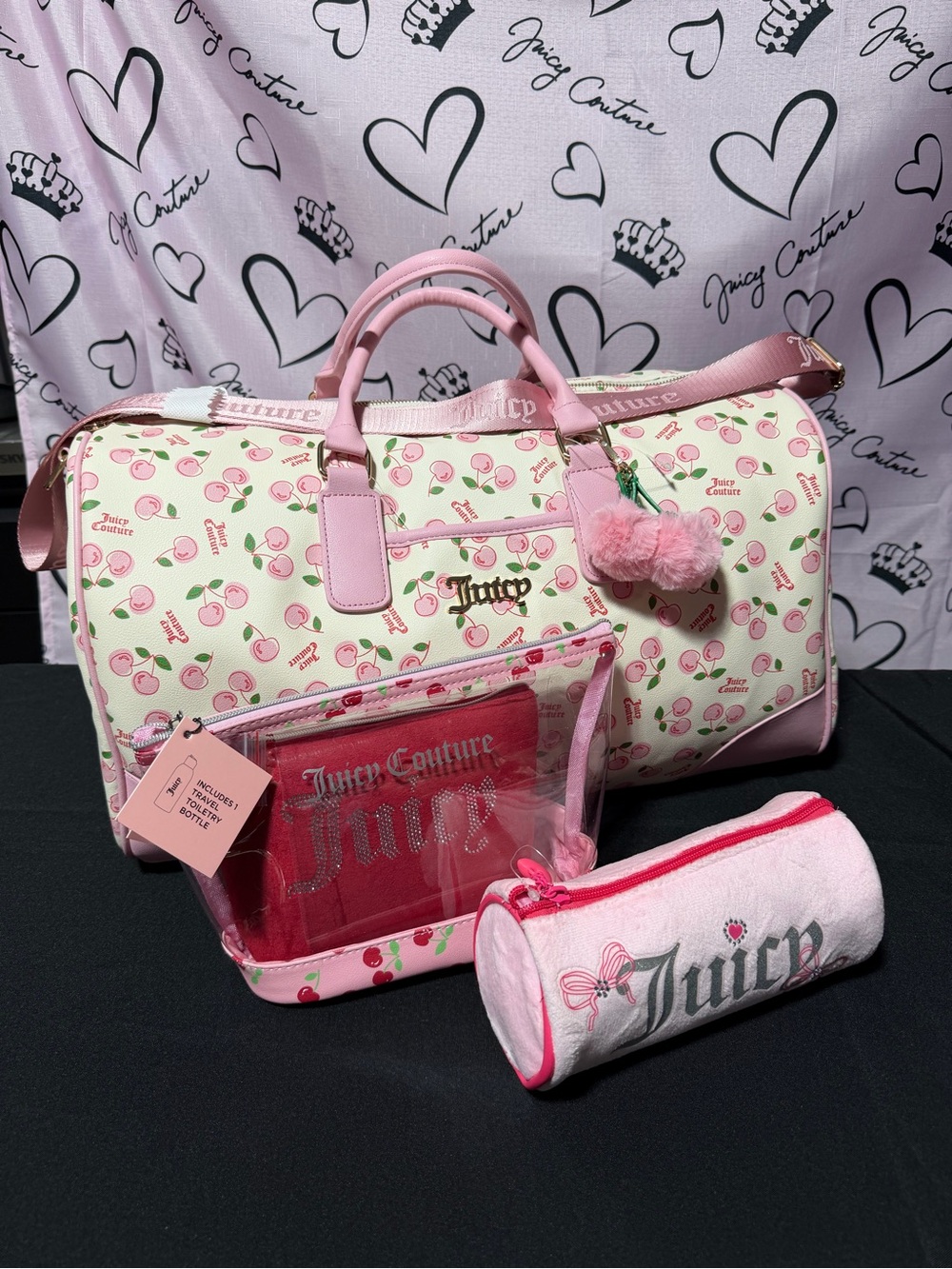 Juicy Couture Pink & Cream Cherry Travel Duffle with Pouch Set